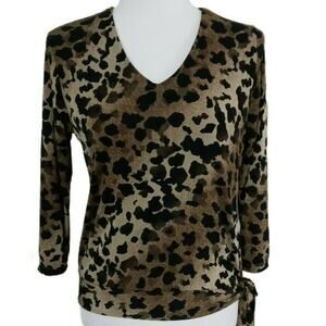Animal Print Knit Top Tunic Small Banded Hem 3/4 Slv Side Tie Leopard Imperfect